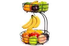 XEMM Fruitmand met Bananenhouder - 2-Laags Rond - Zwart Metaal